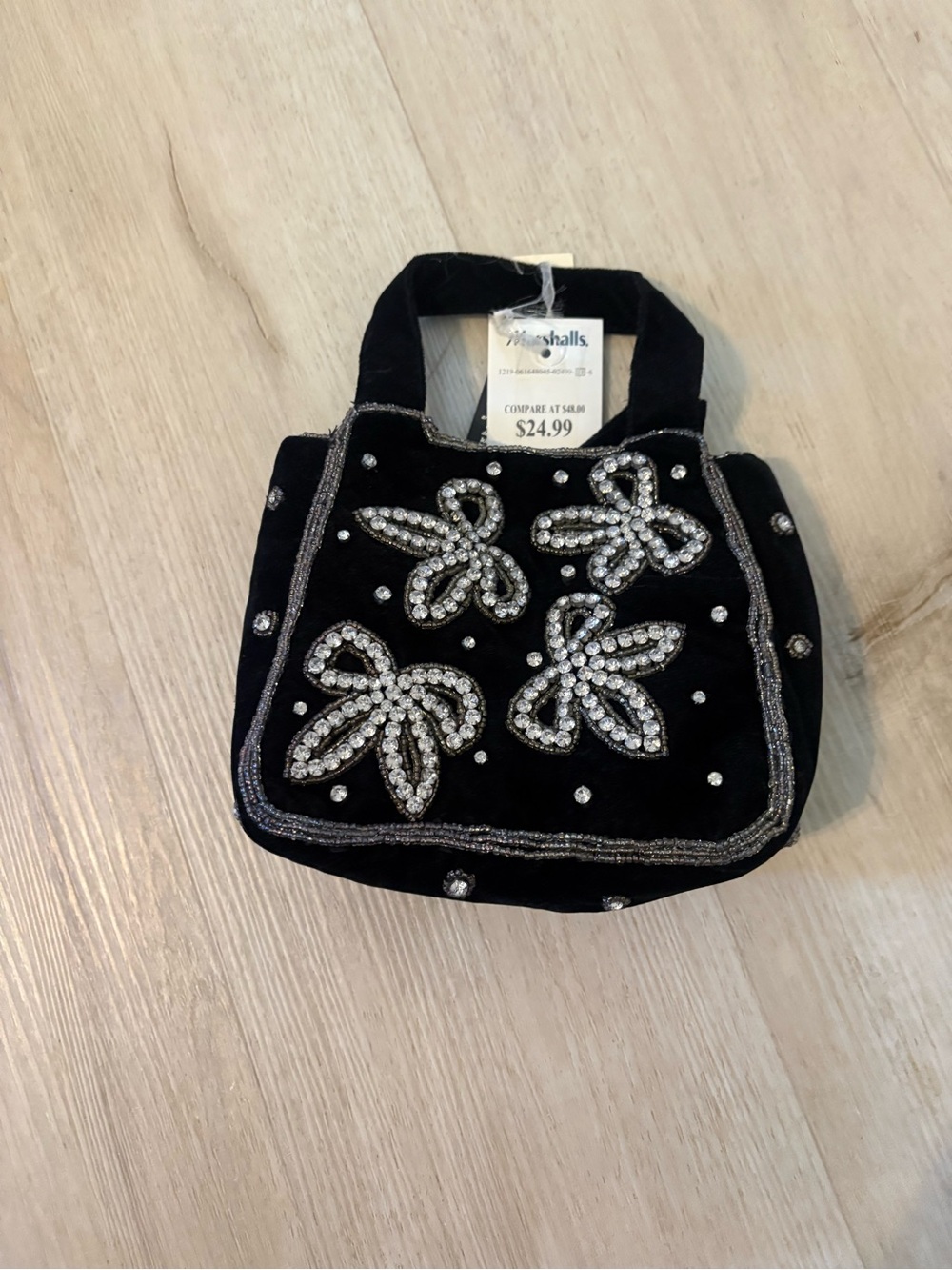 Marshalls Black Velvet Clutch with Crystal Floral Accents